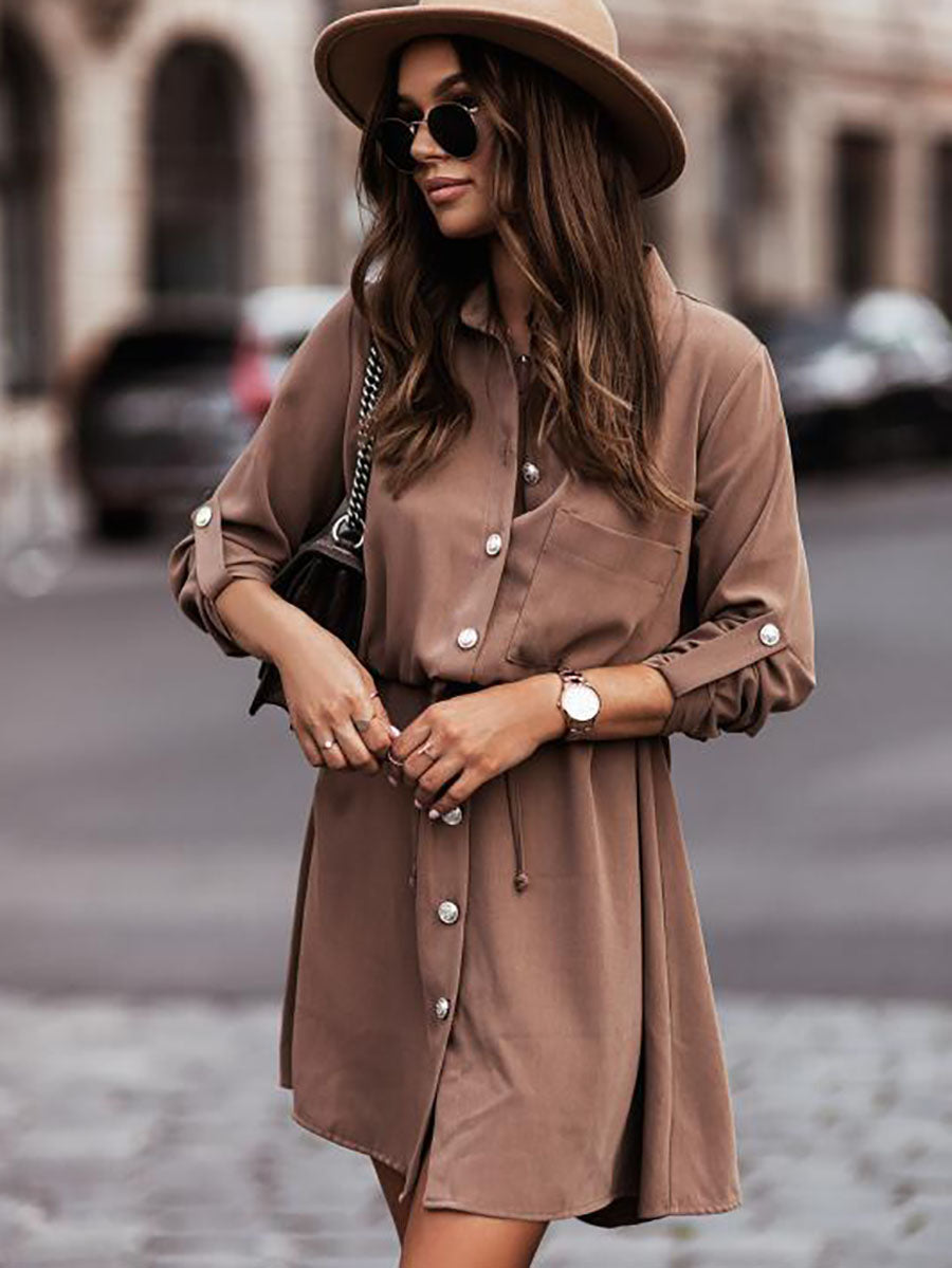 Stunncal Waist Tie Button Pull Sleeve Dress